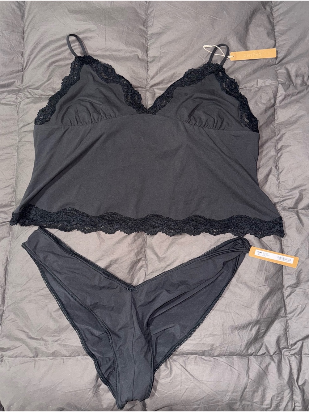 SKIMS Black Lace Trim Camisole and Bikini Brief Set